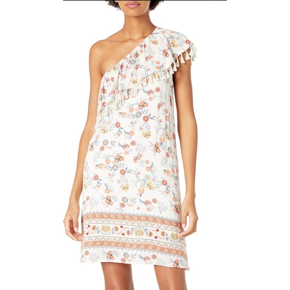 NWT Altar'd State Dress Womens S  One Shoulder Floral w/‎ Tassle Trim Orange